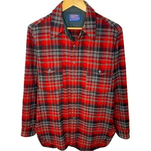 Vintage Pendleton Red & Black Plaid Wool Long Sleeve Flannel Shirt Made In USA L